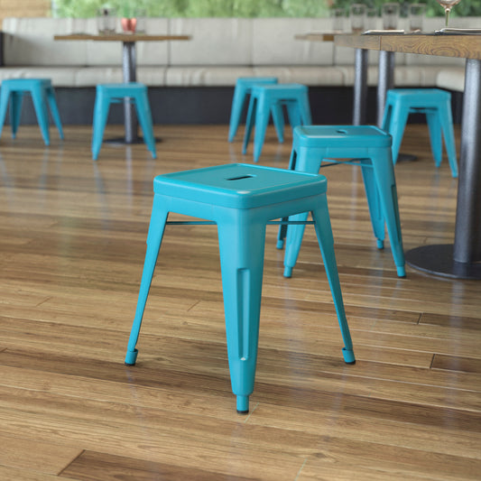 Kai 18" Table Height Stool, Stackable Backless Metal Indoor Dining Stool, Commercial Grade Restaurant Stool in Teal - Set of 4 Teal