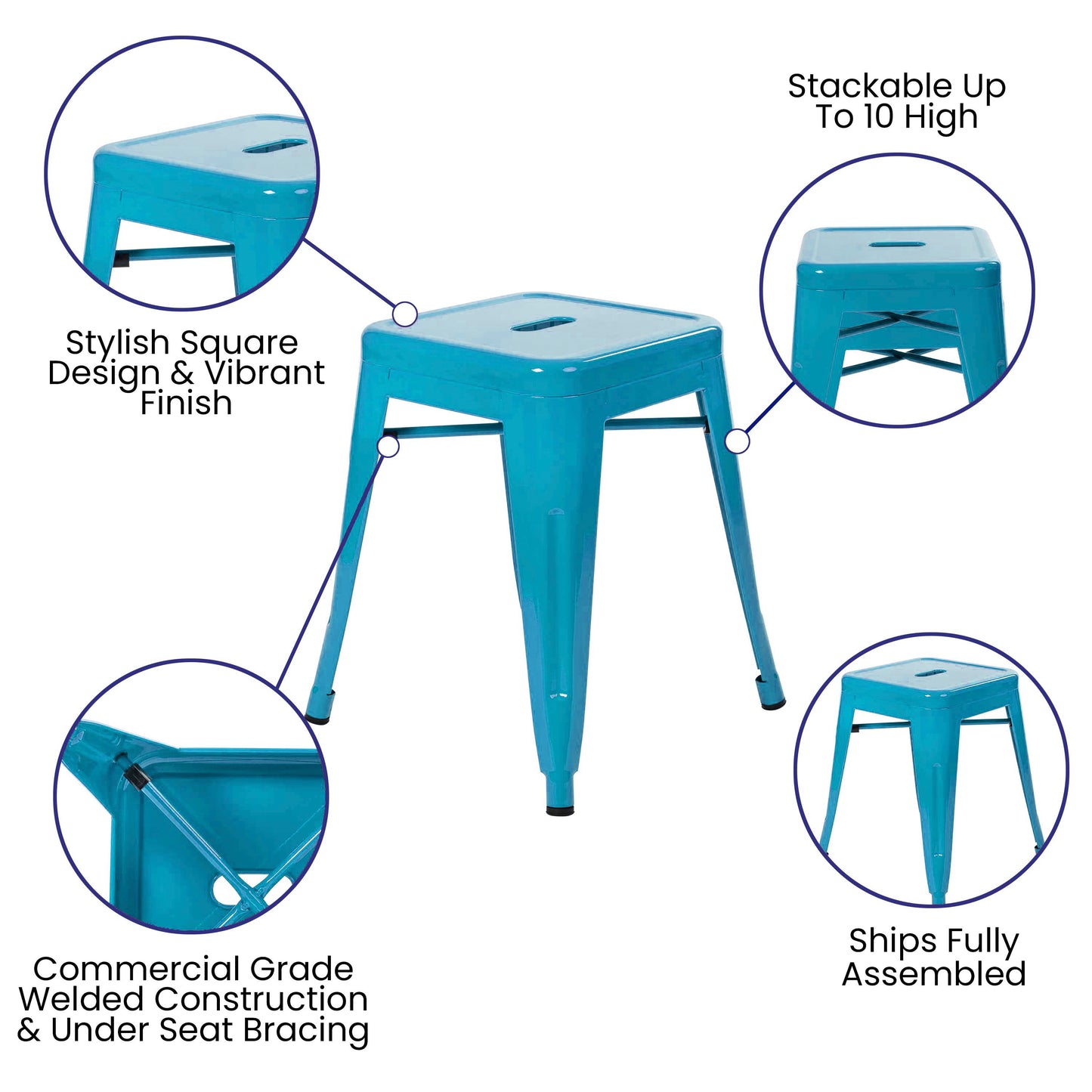 Kai 18" Table Height Stool, Stackable Backless Metal Indoor Dining Stool, Commercial Grade Restaurant Stool in Teal - Set of 4 Teal