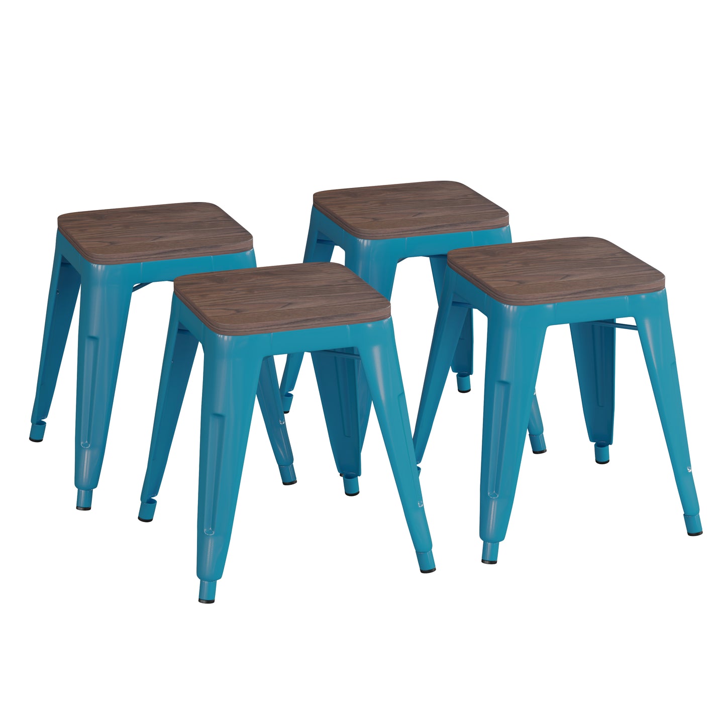 Kai 18" Backless Table Height Stool with Wooden Seat, Stackable Teal Metal Indoor Dining Stool, Commercial Grade - Set of 4 Teal