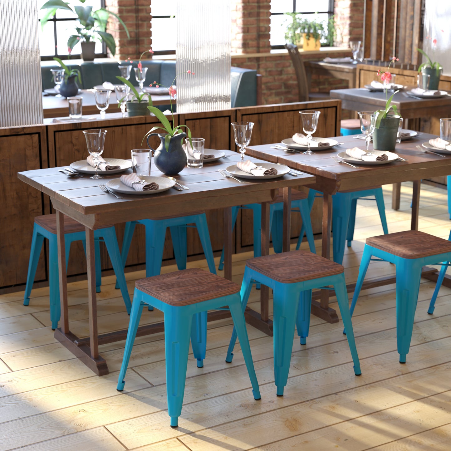 Kai 18" Backless Table Height Stool with Wooden Seat, Stackable Teal Metal Indoor Dining Stool, Commercial Grade - Set of 4 Teal