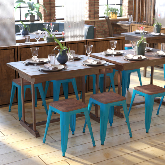Kai 18" Backless Table Height Stool with Wooden Seat, Stackable Teal Metal Indoor Dining Stool, Commercial Grade - Set of 4 Teal