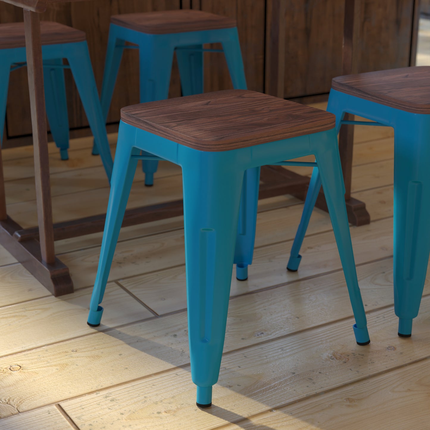 Kai 18" Backless Table Height Stool with Wooden Seat, Stackable Teal Metal Indoor Dining Stool, Commercial Grade - Set of 4 Teal