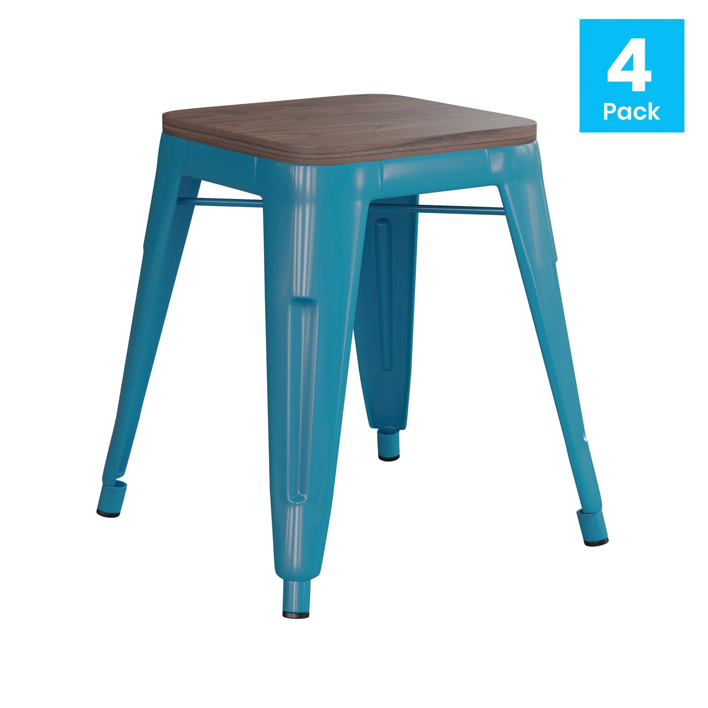 Kai 18" Backless Table Height Stool with Wooden Seat, Stackable Teal Metal Indoor Dining Stool, Commercial Grade - Set of 4 Teal
