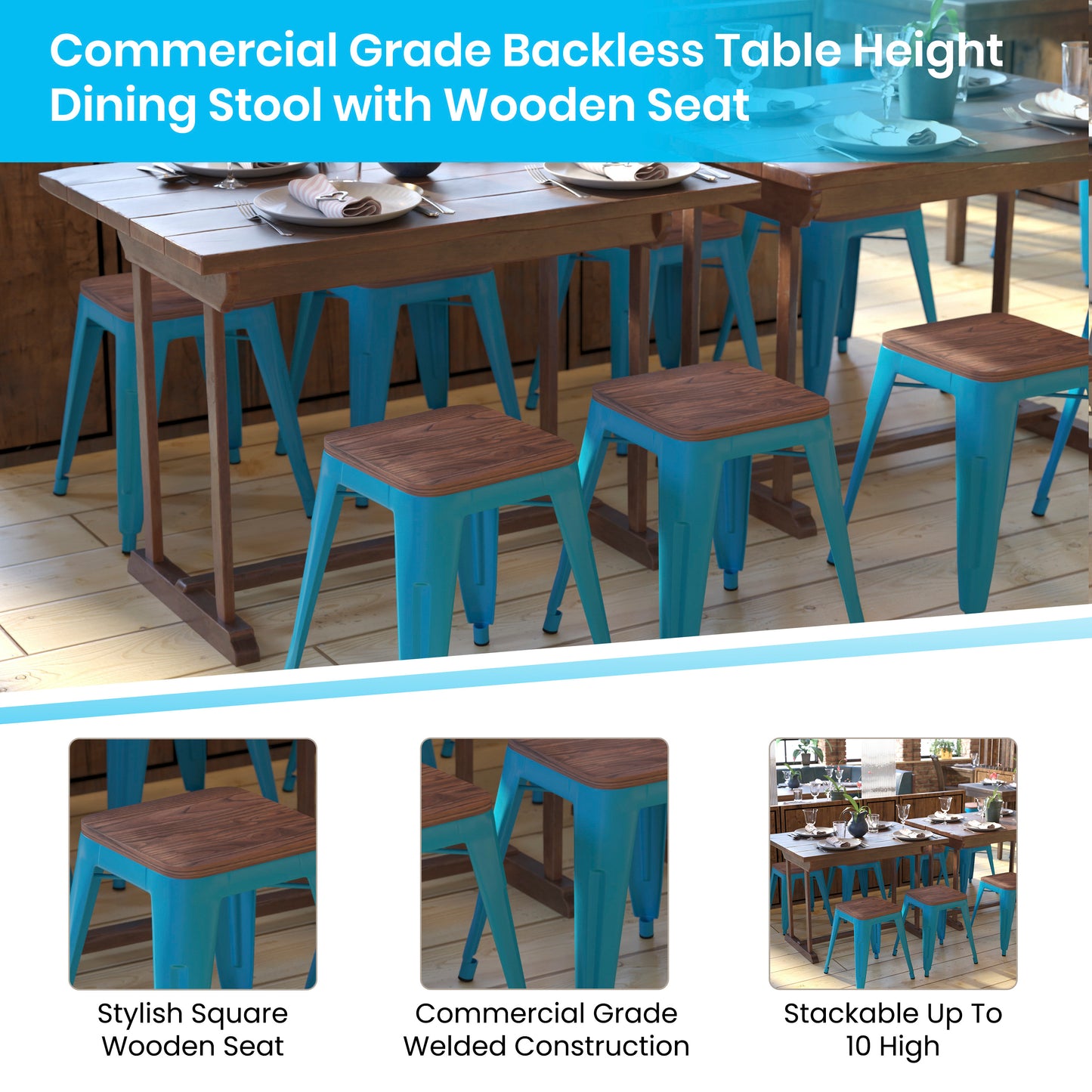 Kai 18" Backless Table Height Stool with Wooden Seat, Stackable Teal Metal Indoor Dining Stool, Commercial Grade - Set of 4 Teal