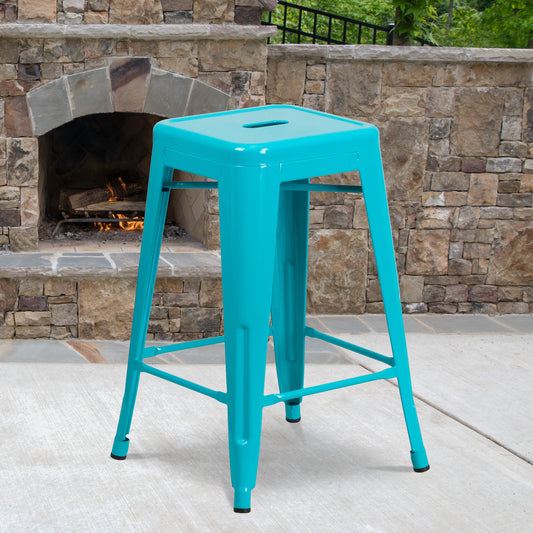Kai Commercial Grade 24" High Backless Crystal Teal-Blue Indoor-Outdoor Counter Height Stool Crystal Teal-Blue