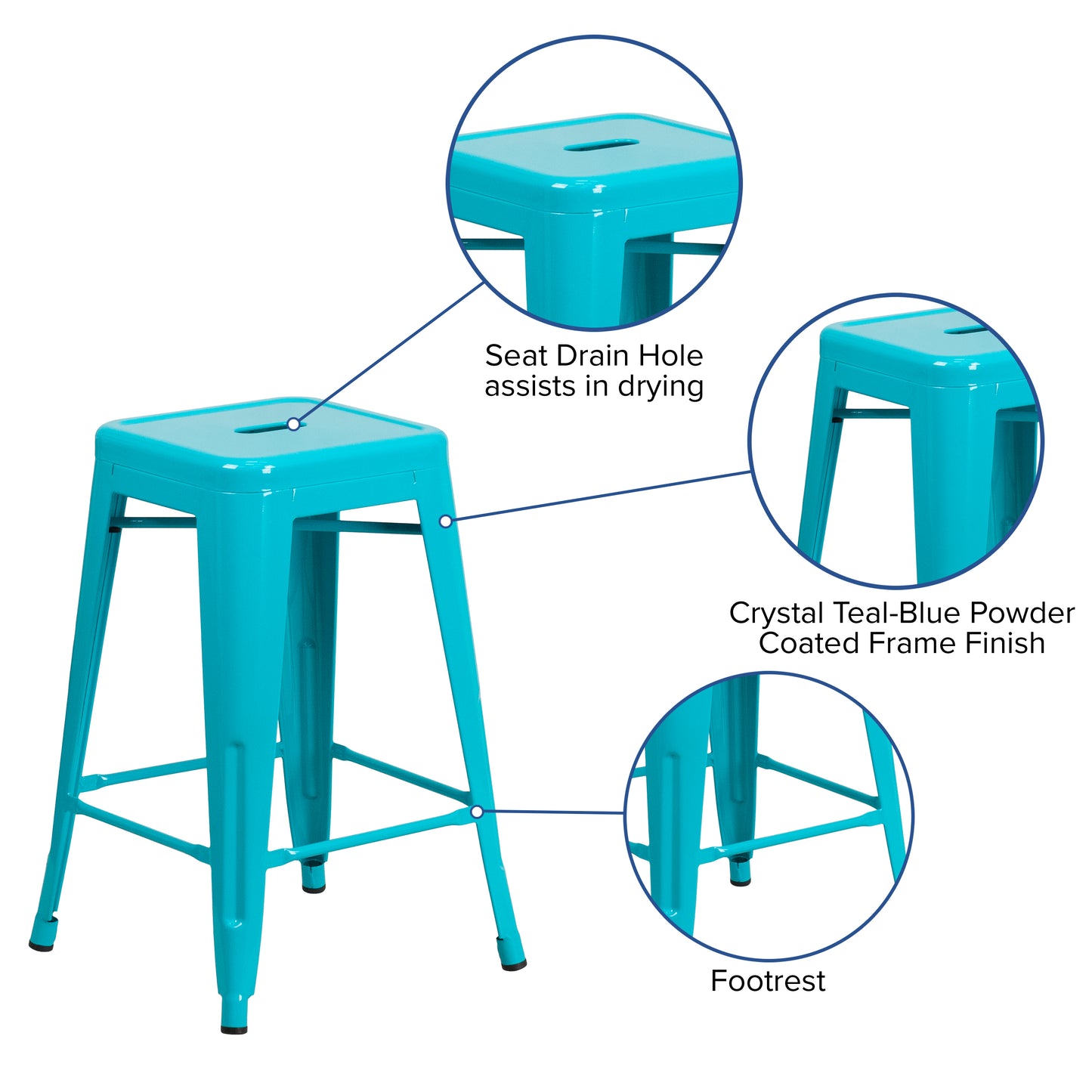 Kai Commercial Grade 24" High Backless Crystal Teal-Blue Indoor-Outdoor Counter Height Stool Crystal Teal-Blue