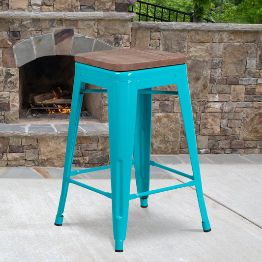 Sinclair 24" High Backless Crystal Teal-Blue Counter Height Stool with Square Wood Seat Crystal Teal-Blue