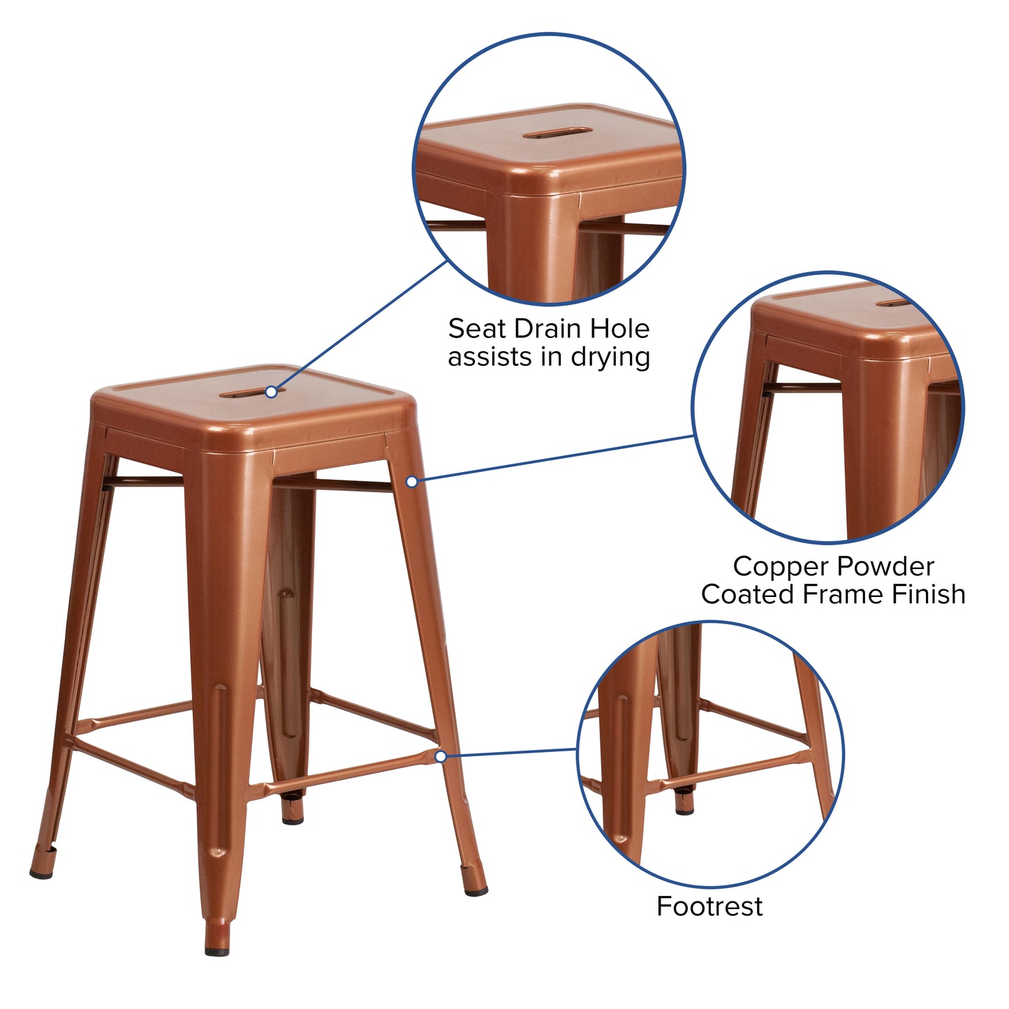 Kai Commercial Grade 24" High Backless Copper Indoor-Outdoor Counter Height Stool Copper
