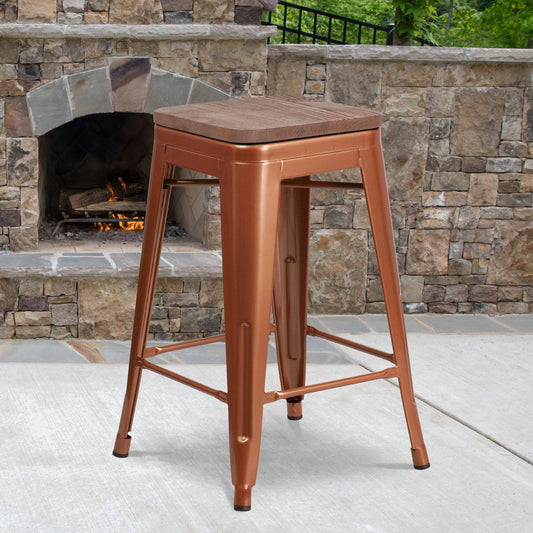 Sinclair 24" High Backless Copper Counter Height Stool with Square Wood Seat Copper