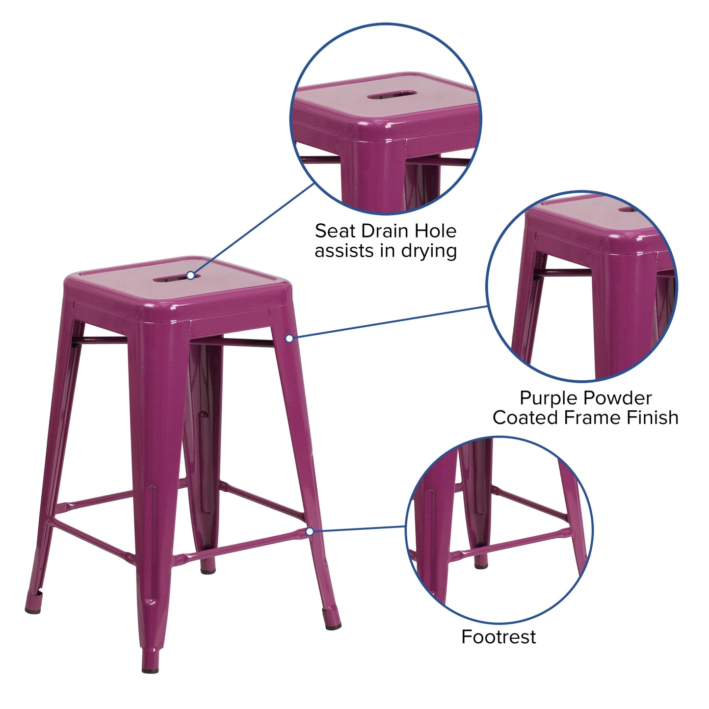Kai Commercial Grade 24" High Backless Purple Indoor-Outdoor Counter Height Stool Purple