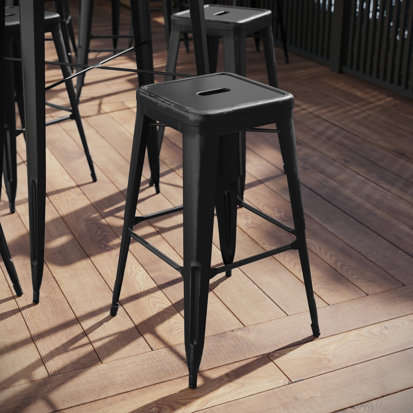Kai Commercial Grade 30" High Backless Distressed Black Metal Indoor-Outdoor Barstool Black