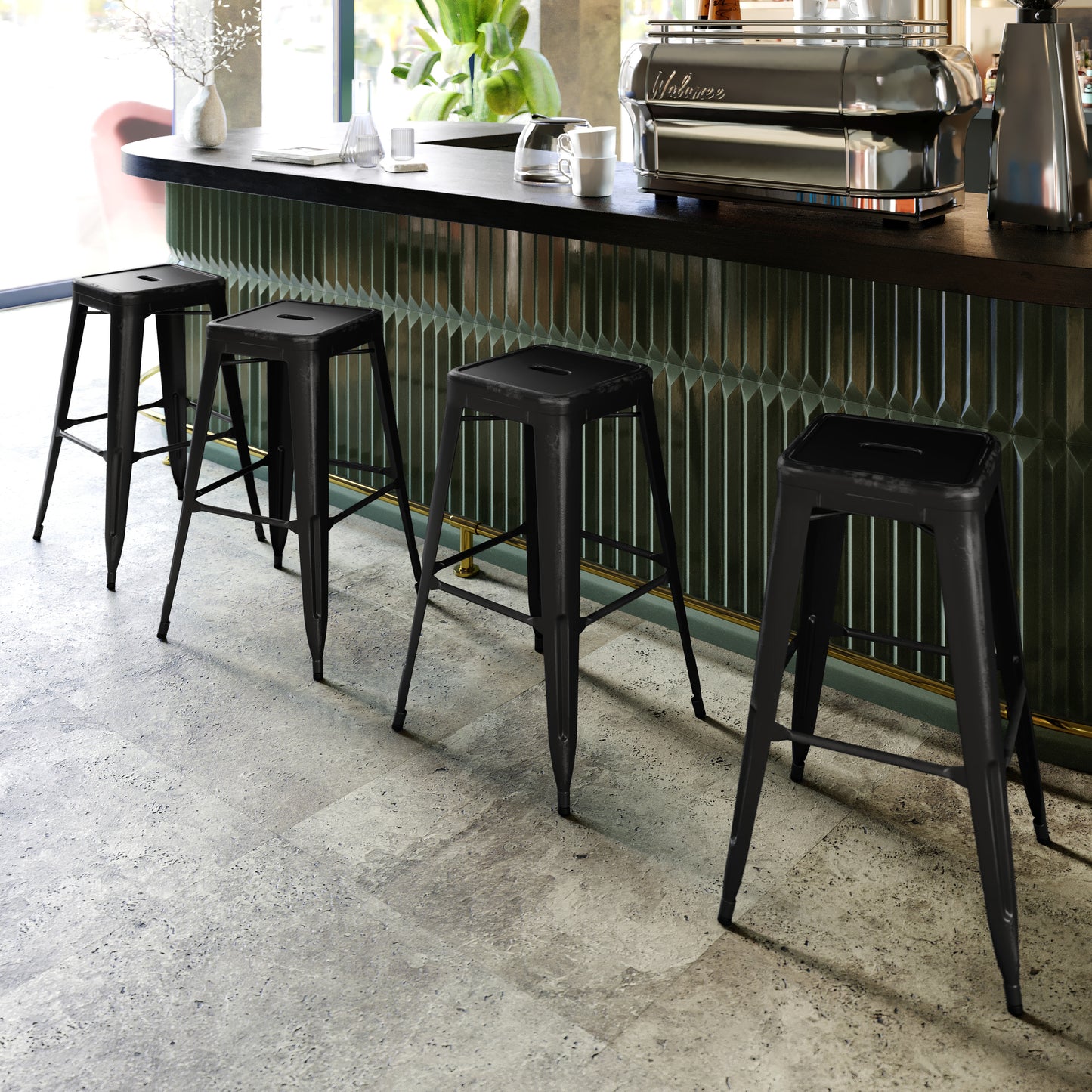 Kai Commercial Grade 30" High Backless Distressed Black Metal Indoor-Outdoor Barstool Black