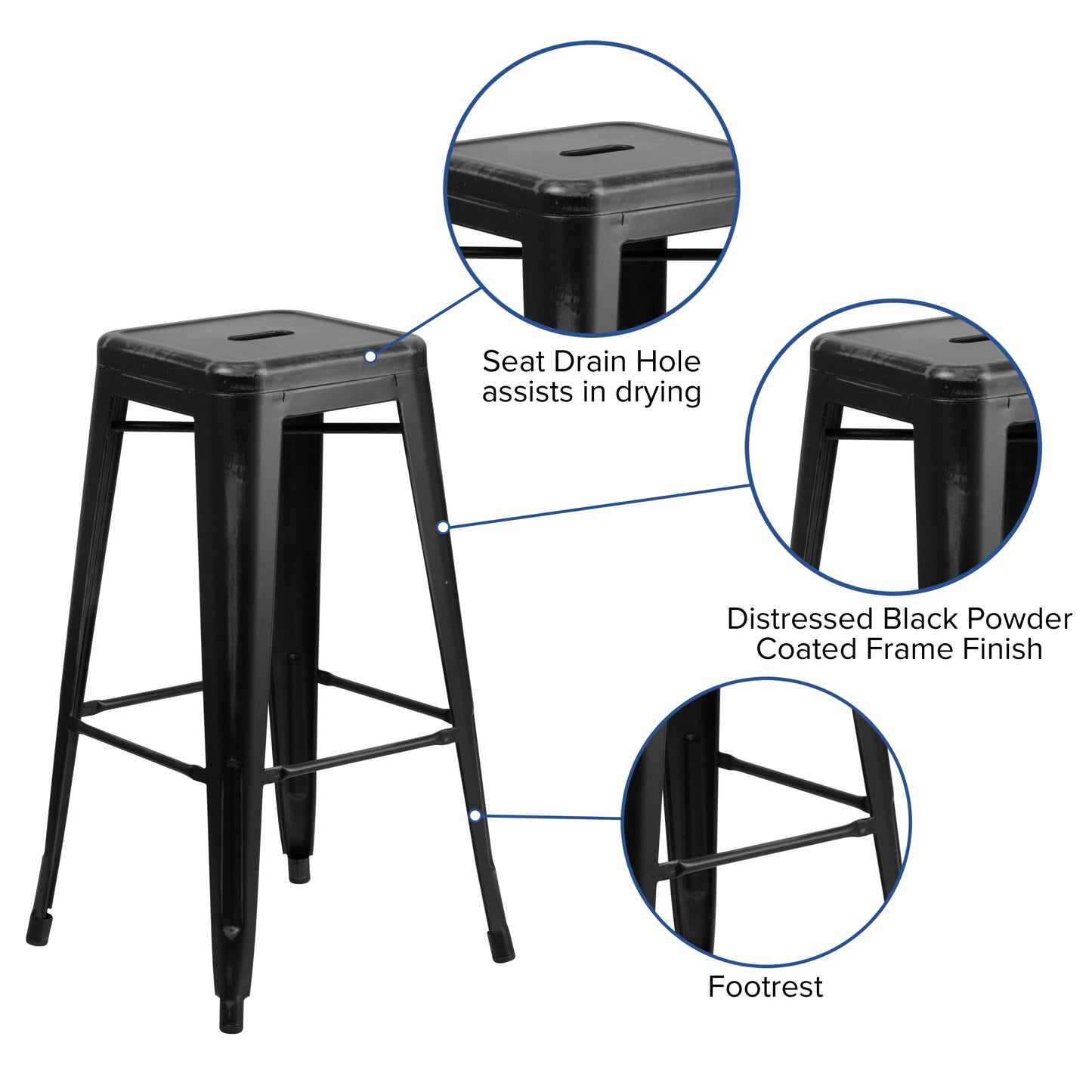 Kai Commercial Grade 30" High Backless Distressed Black Metal Indoor-Outdoor Barstool Black