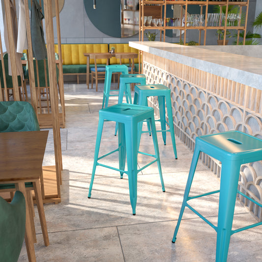 Kai Commercial Grade 30" High Backless Crystal Teal-Blue Indoor-Outdoor Barstool Crystal Teal-Blue