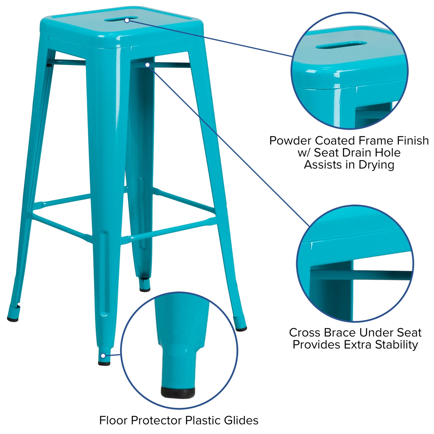 Kai Commercial Grade 30" High Backless Crystal Teal-Blue Indoor-Outdoor Barstool Crystal Teal-Blue