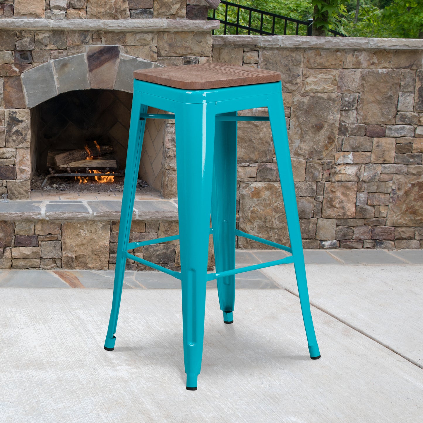 Murray 30" High Backless Crystal Teal-Blue Barstool with Square Wood Seat Crystal Teal-Blue