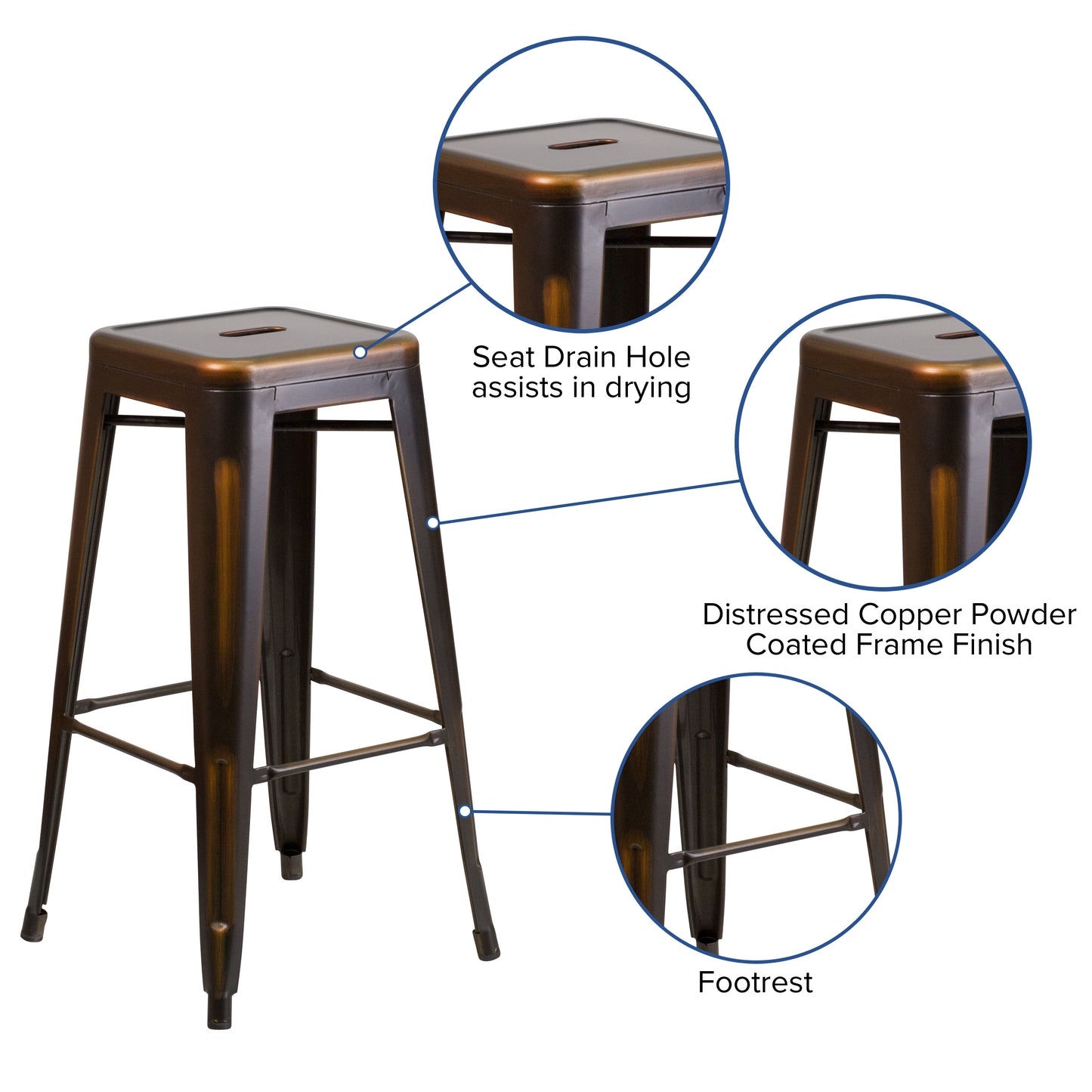 Kai Commercial Grade 30" High Backless Distressed Copper Metal Indoor-Outdoor Barstool Copper