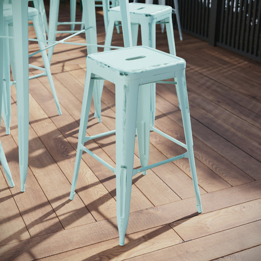 Kai Commercial Grade 30" High Backless Distressed Green-Blue Metal Indoor-Outdoor Barstool Green-Blue
