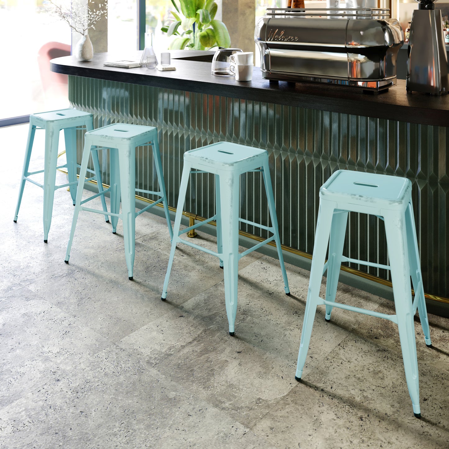 Kai Commercial Grade 30" High Backless Distressed Green-Blue Metal Indoor-Outdoor Barstool Green-Blue