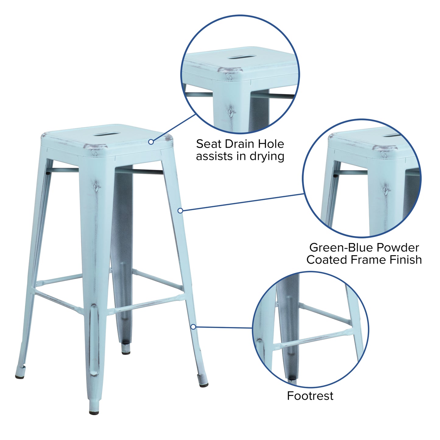 Kai Commercial Grade 30" High Backless Distressed Green-Blue Metal Indoor-Outdoor Barstool Green-Blue