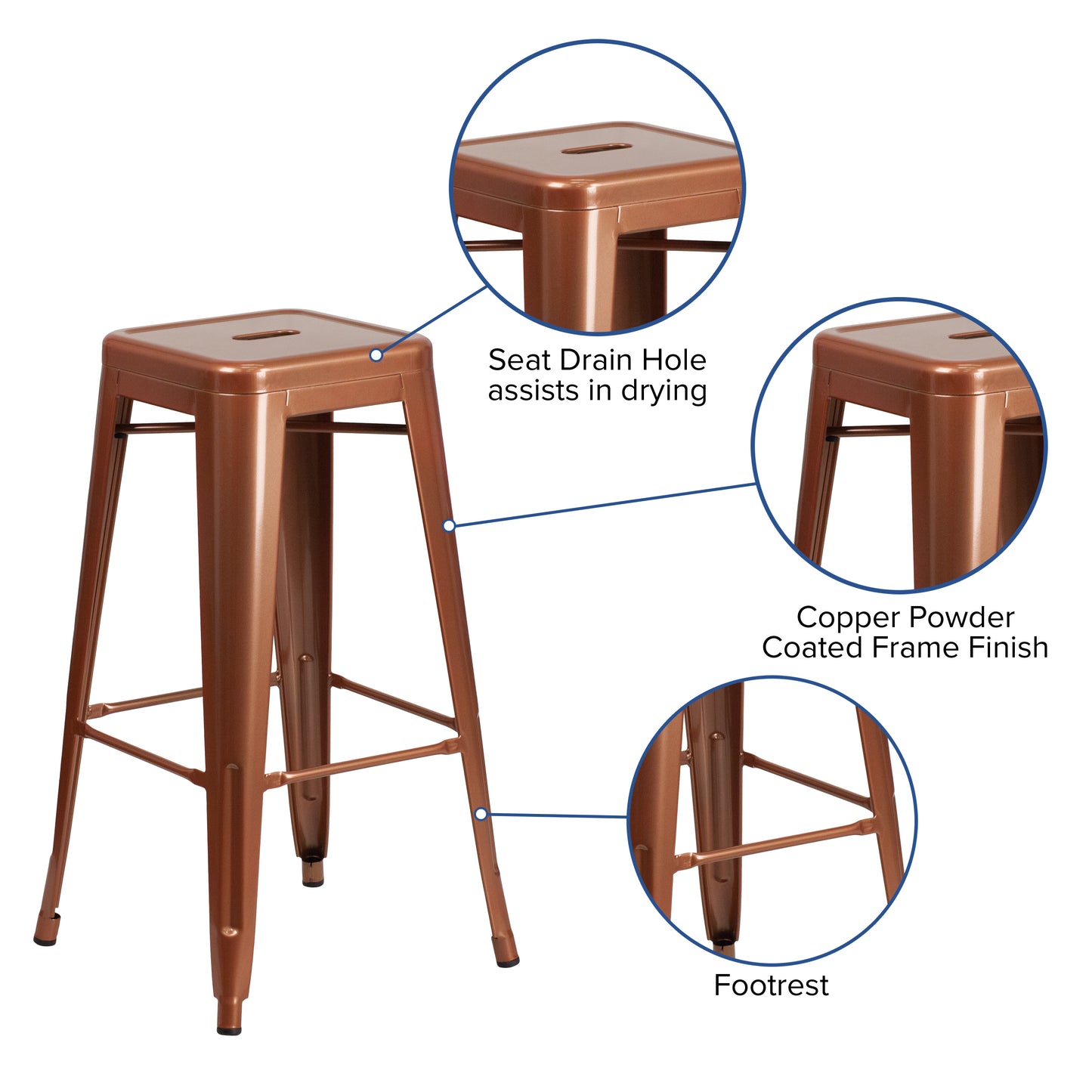 Kai Commercial Grade 30" High Backless Copper Indoor-Outdoor Barstool Copper