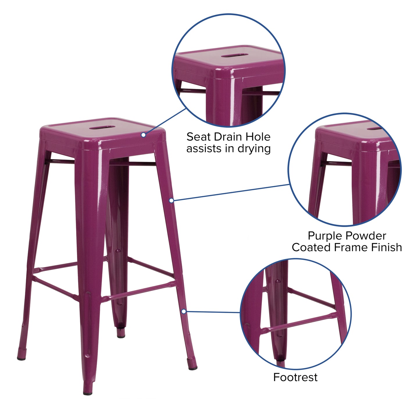 Kai Commercial Grade 30" High Backless Purple Indoor-Outdoor Barstool Purple