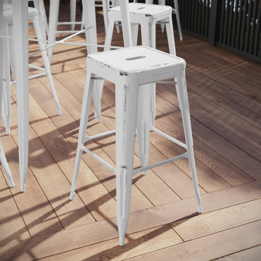 Kai Commercial Grade 30" High Backless Distressed White Metal Indoor-Outdoor Barstool White