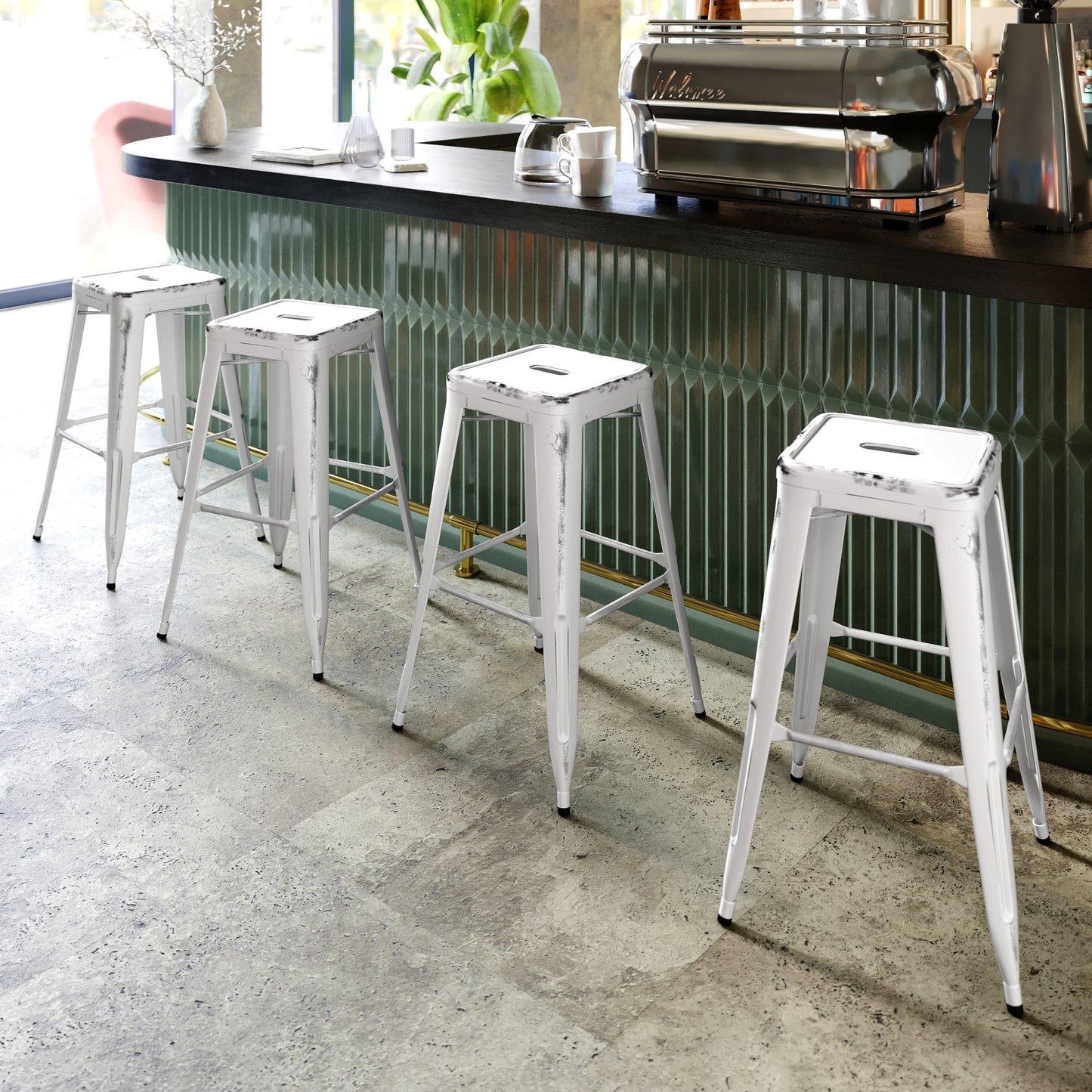 Kai Commercial Grade 30" High Backless Distressed White Metal Indoor-Outdoor Barstool White