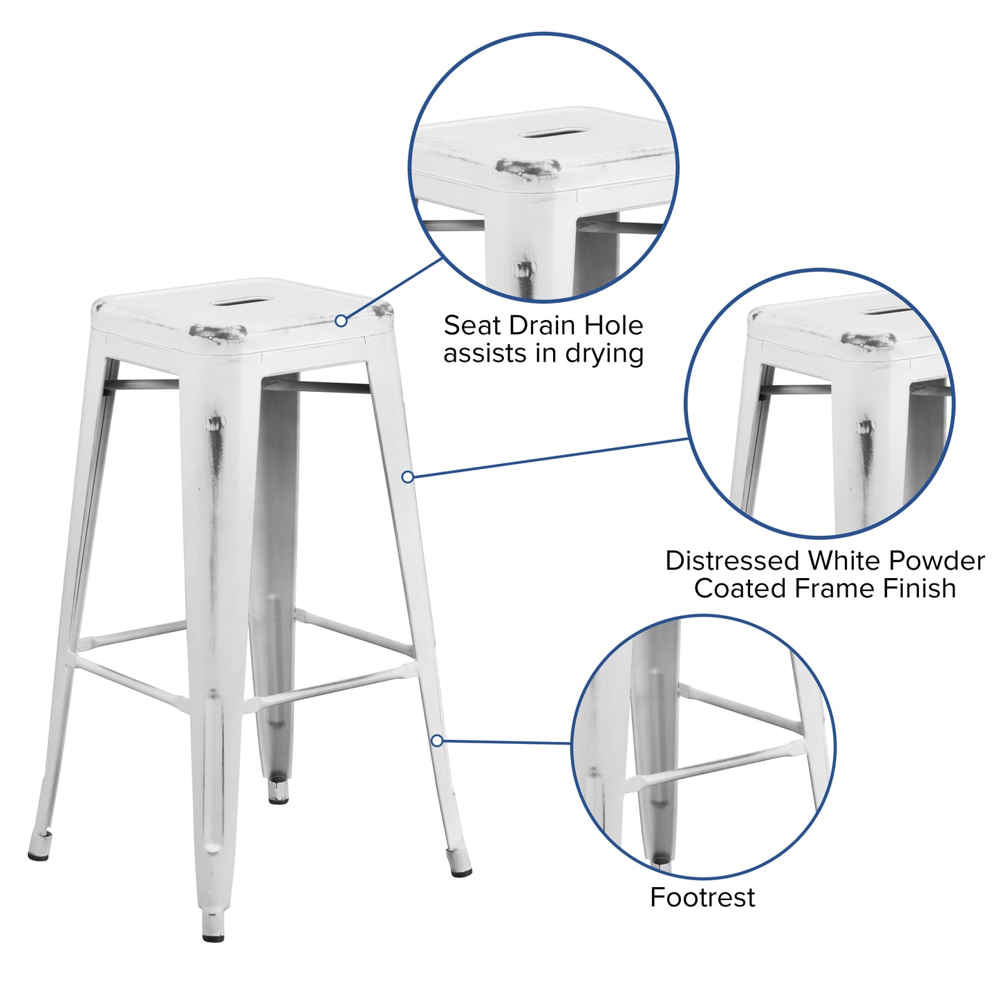 Kai Commercial Grade 30" High Backless Distressed White Metal Indoor-Outdoor Barstool White