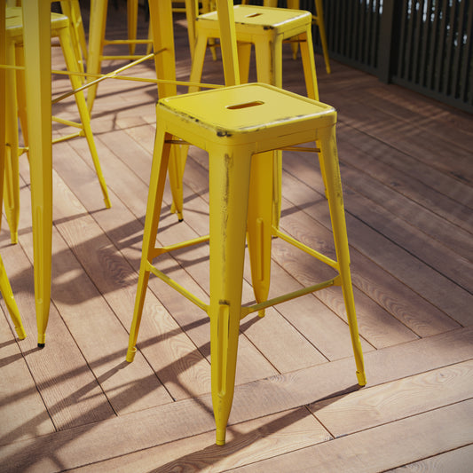 Kai Commercial Grade 30" High Backless Distressed Yellow Metal Indoor-Outdoor Barstool Yellow