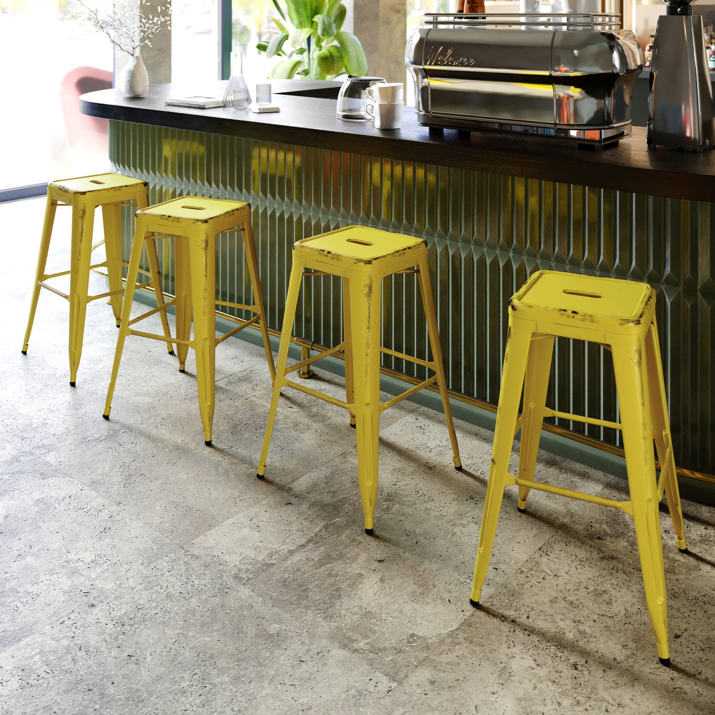 Kai Commercial Grade 30" High Backless Distressed Yellow Metal Indoor-Outdoor Barstool Yellow