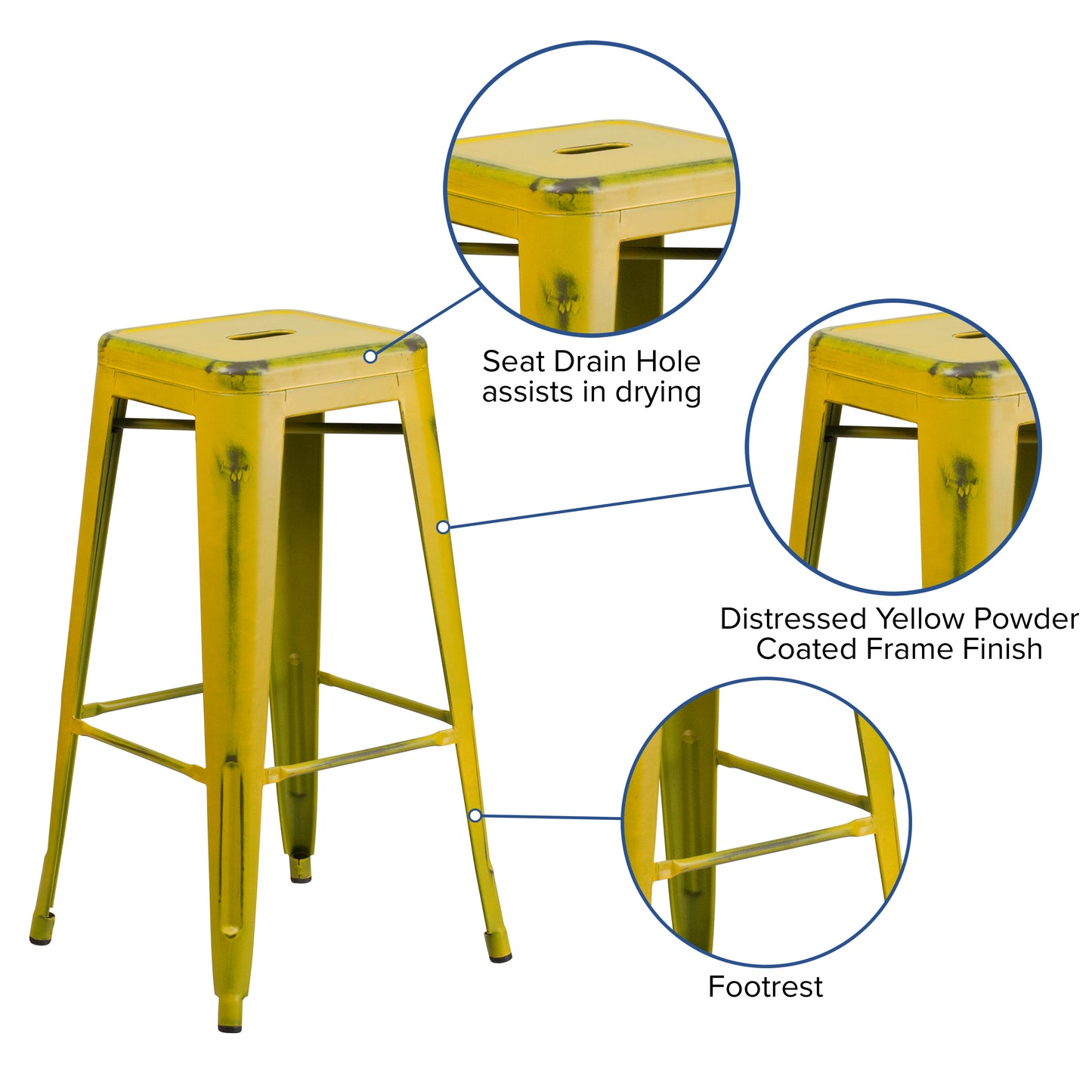 Kai Commercial Grade 30" High Backless Distressed Yellow Metal Indoor-Outdoor Barstool Yellow