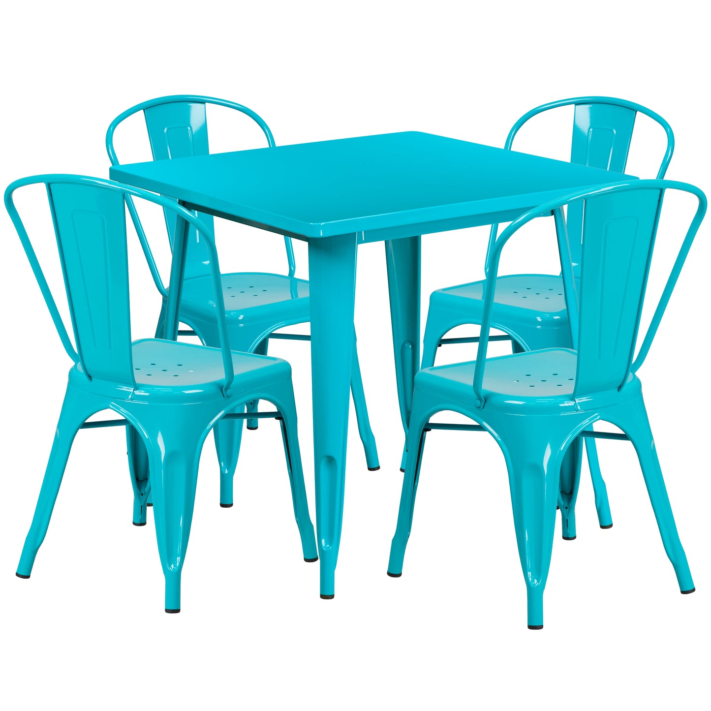 Foster Commercial Grade 31.5" Square Crystal Teal-Blue Metal Indoor-Outdoor Table Set with 4 Stack Chairs Crystal Teal-Blue ET-CT002-4-30-CB-GG