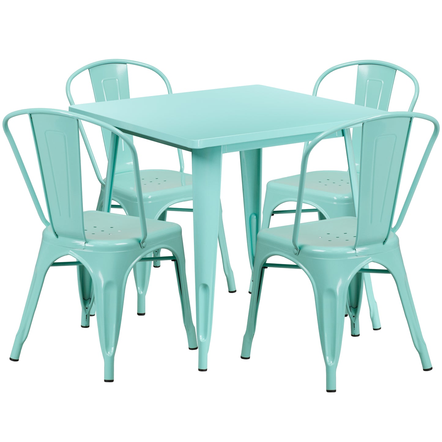 Foster Commercial Grade 31.5" Square Mint Green Metal Indoor-Outdoor Table Set with 4 Stack Chairs Mint Green
