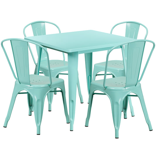 Foster Commercial Grade 31.5" Square Mint Green Metal Indoor-Outdoor Table Set with 4 Stack Chairs Mint Green