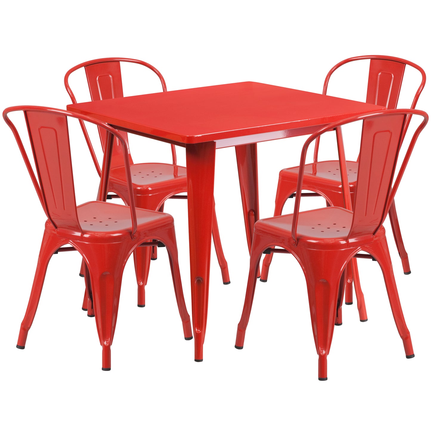 Foster Commercial Grade 31.5" Square Red Metal Indoor-Outdoor Table Set with 4 Stack Chairs Red