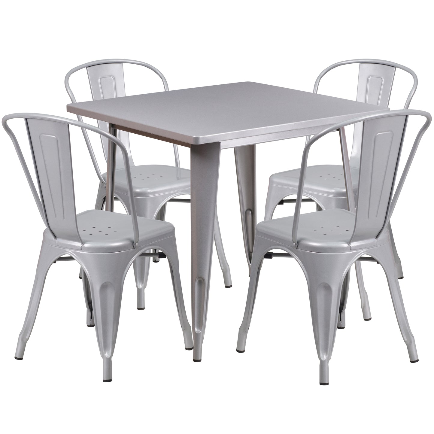 Foster Commercial Grade 31.5" Square Silver Metal Indoor-Outdoor Table Set with 4 Stack Chairs Silver ET-CT002-4-30-SIL-GG
