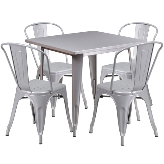 Foster Commercial Grade 31.5" Square Silver Metal Indoor-Outdoor Table Set with 4 Stack Chairs Silver