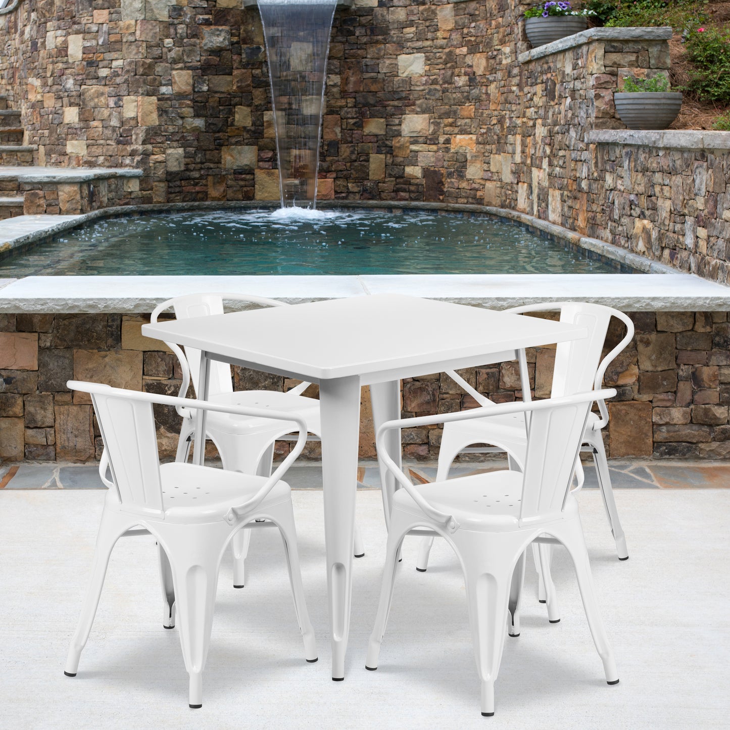 Grady Commercial Grade 31.5" Square White Metal Indoor-Outdoor Table Set with 4 Arm Chairs White ET-CT002-4-70-WH-GG