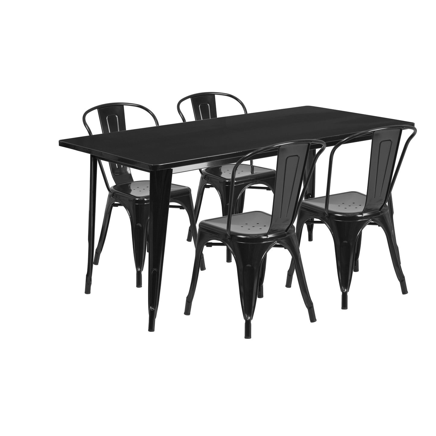 Darcy Commercial Grade 31.5" x 63" Rectangular Black Metal Indoor-Outdoor Table Set with 4 Stack Chairs Black
