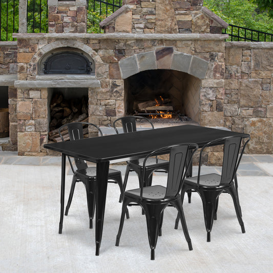 Darcy Commercial Grade 31.5" x 63" Rectangular Black Metal Indoor-Outdoor Table Set with 4 Stack Chairs Black