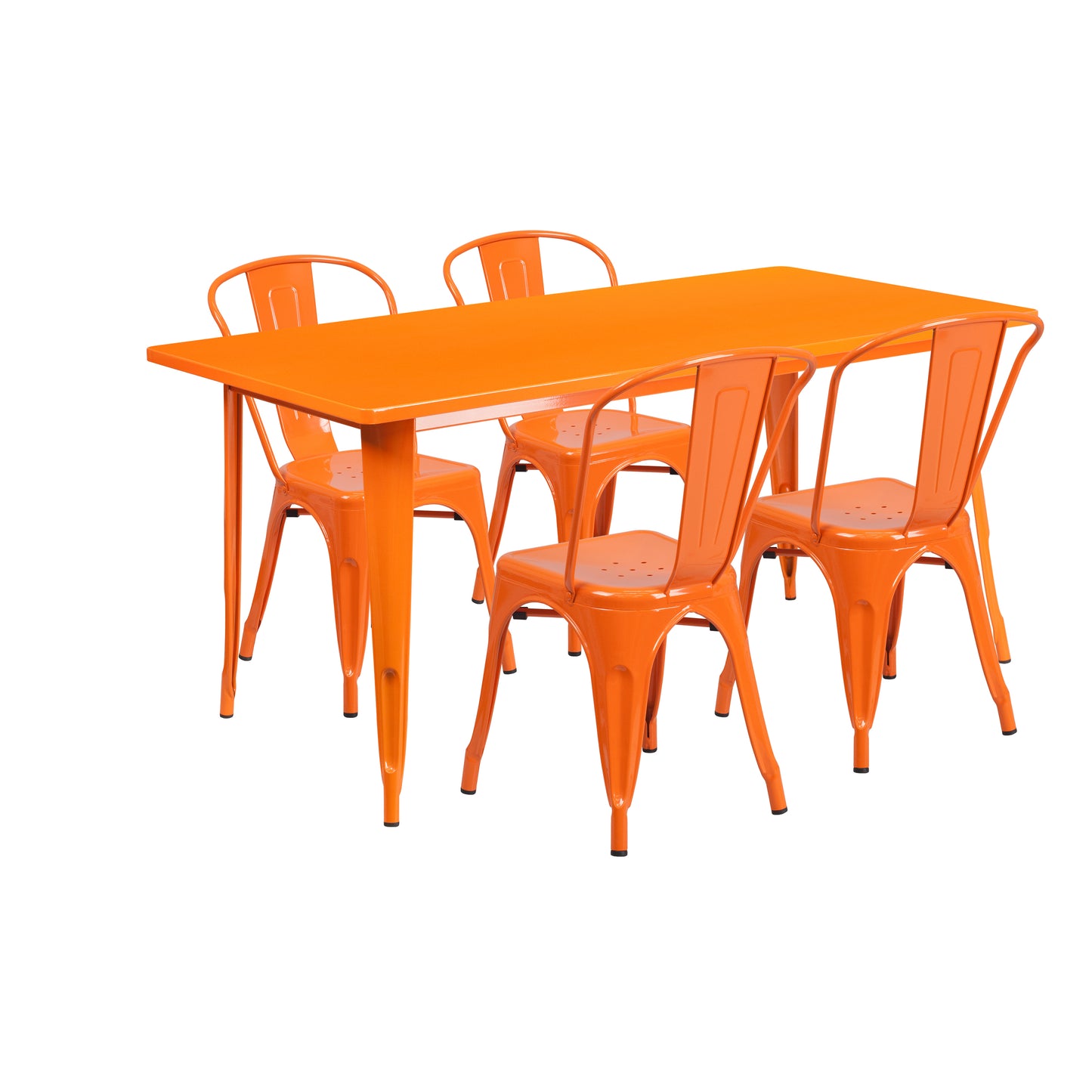 Darcy Commercial Grade 31.5" x 63" Rectangular Orange Metal Indoor-Outdoor Table Set with 4 Stack Chairs Orange