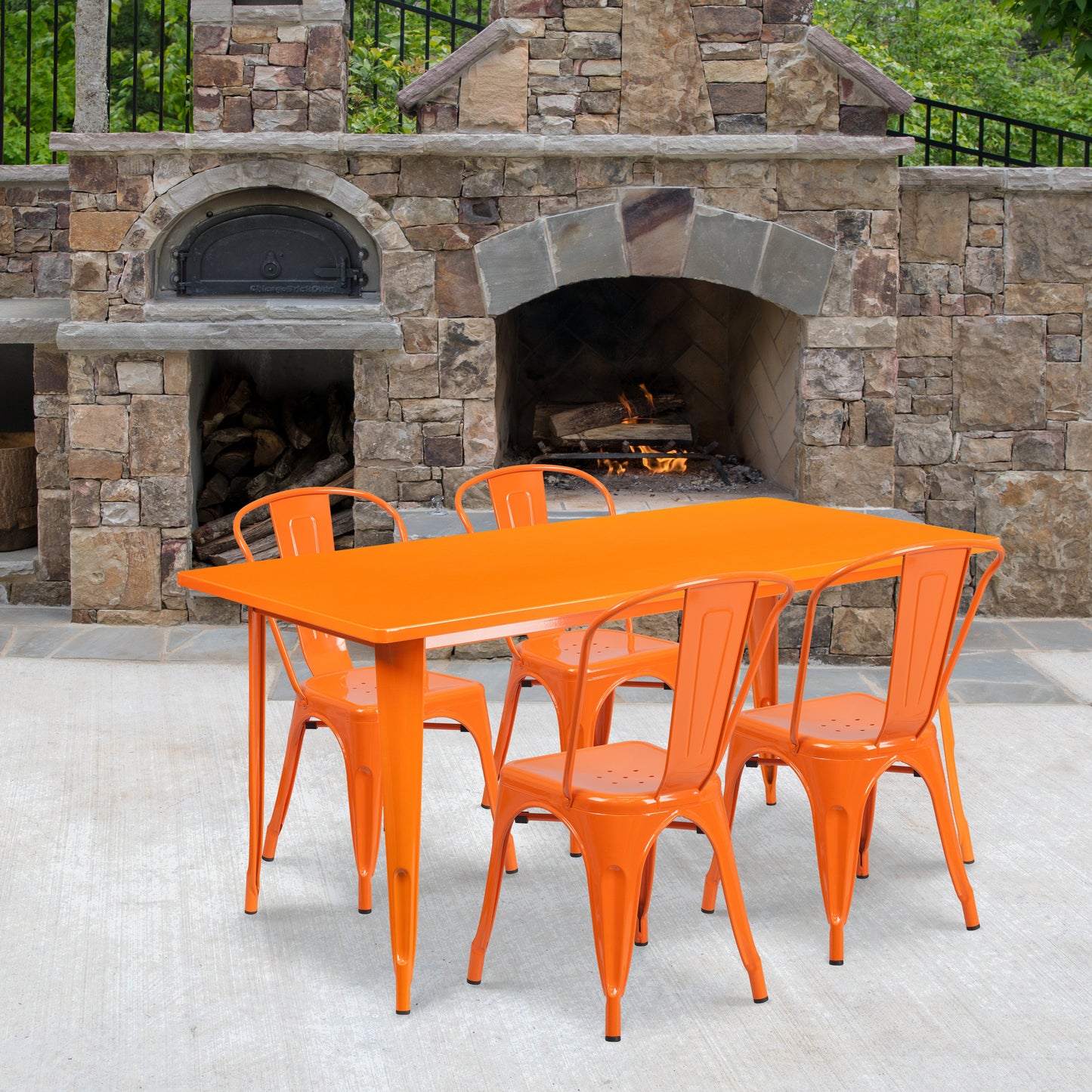 Darcy Commercial Grade 31.5" x 63" Rectangular Orange Metal Indoor-Outdoor Table Set with 4 Stack Chairs Orange
