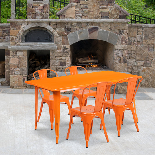 Darcy Commercial Grade 31.5" x 63" Rectangular Orange Metal Indoor-Outdoor Table Set with 4 Stack Chairs Orange