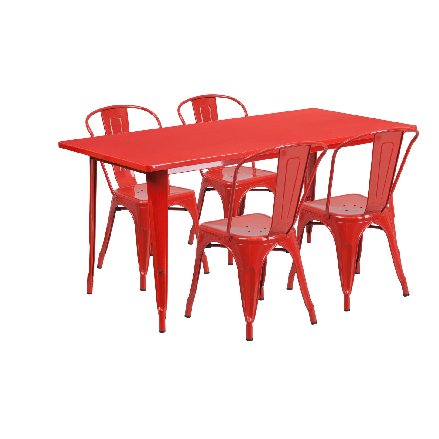 Darcy Commercial Grade 31.5" x 63" Rectangular Red Metal Indoor-Outdoor Table Set with 4 Stack Chairs Red
