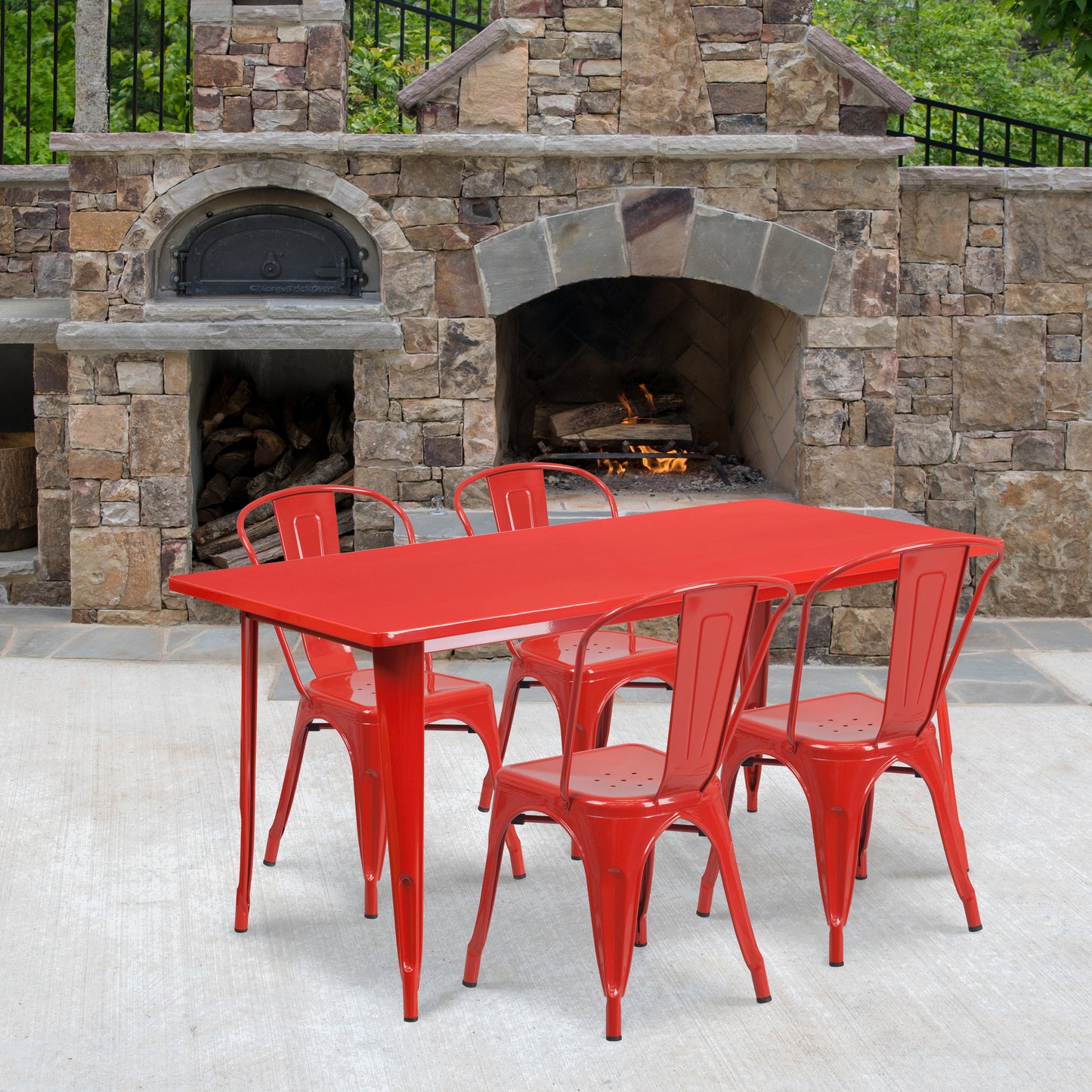Darcy Commercial Grade 31.5" x 63" Rectangular Red Metal Indoor-Outdoor Table Set with 4 Stack Chairs Red