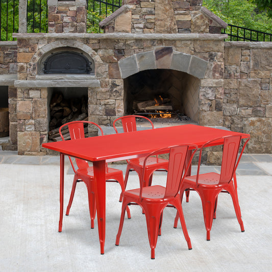 Darcy Commercial Grade 31.5" x 63" Rectangular Red Metal Indoor-Outdoor Table Set with 4 Stack Chairs Red