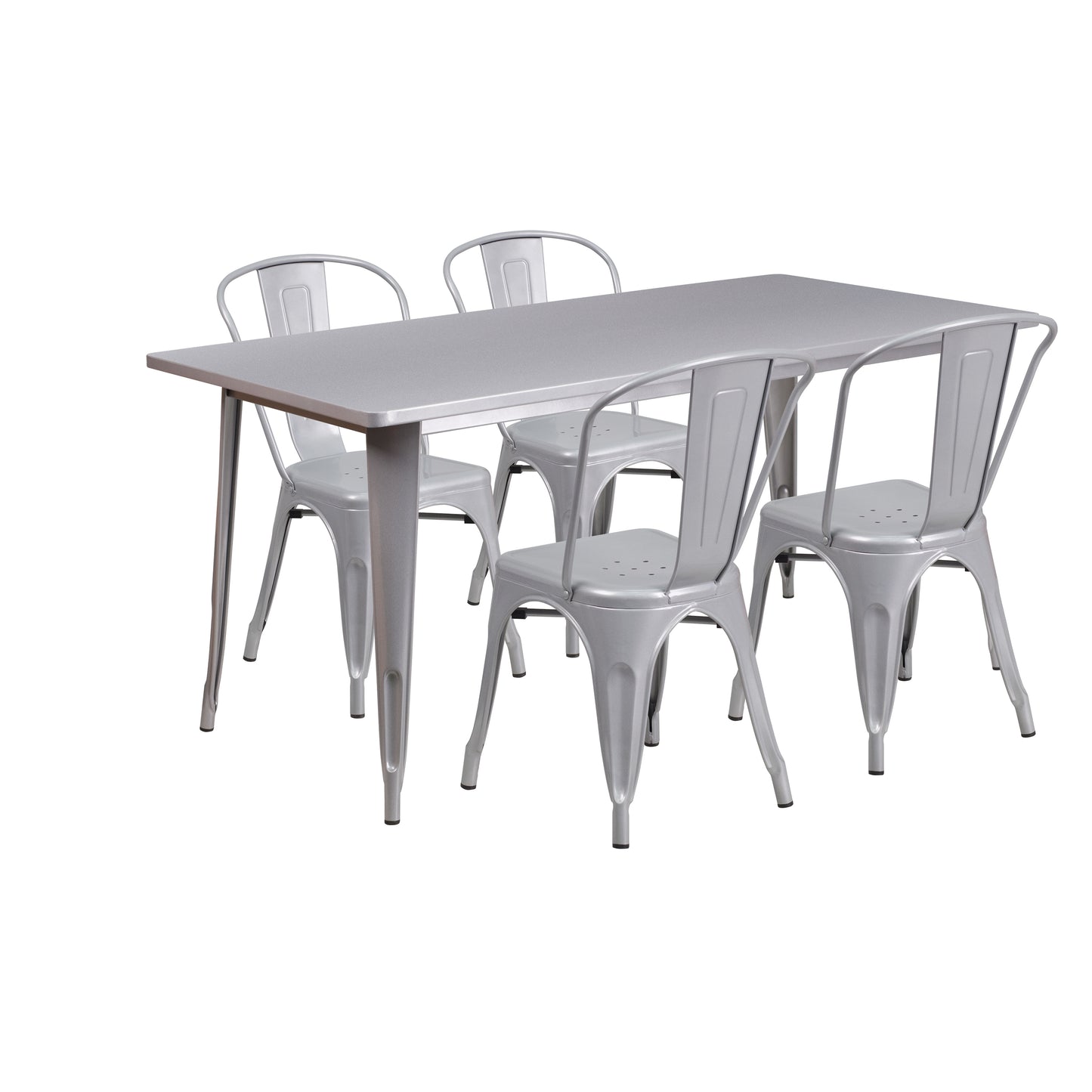 Darcy Commercial Grade 31.5" x 63" Rectangular Silver Metal Indoor-Outdoor Table Set with 4 Stack Chairs Silver