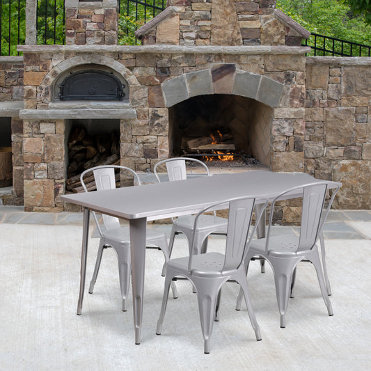Darcy Commercial Grade 31.5" x 63" Rectangular Silver Metal Indoor-Outdoor Table Set with 4 Stack Chairs Silver