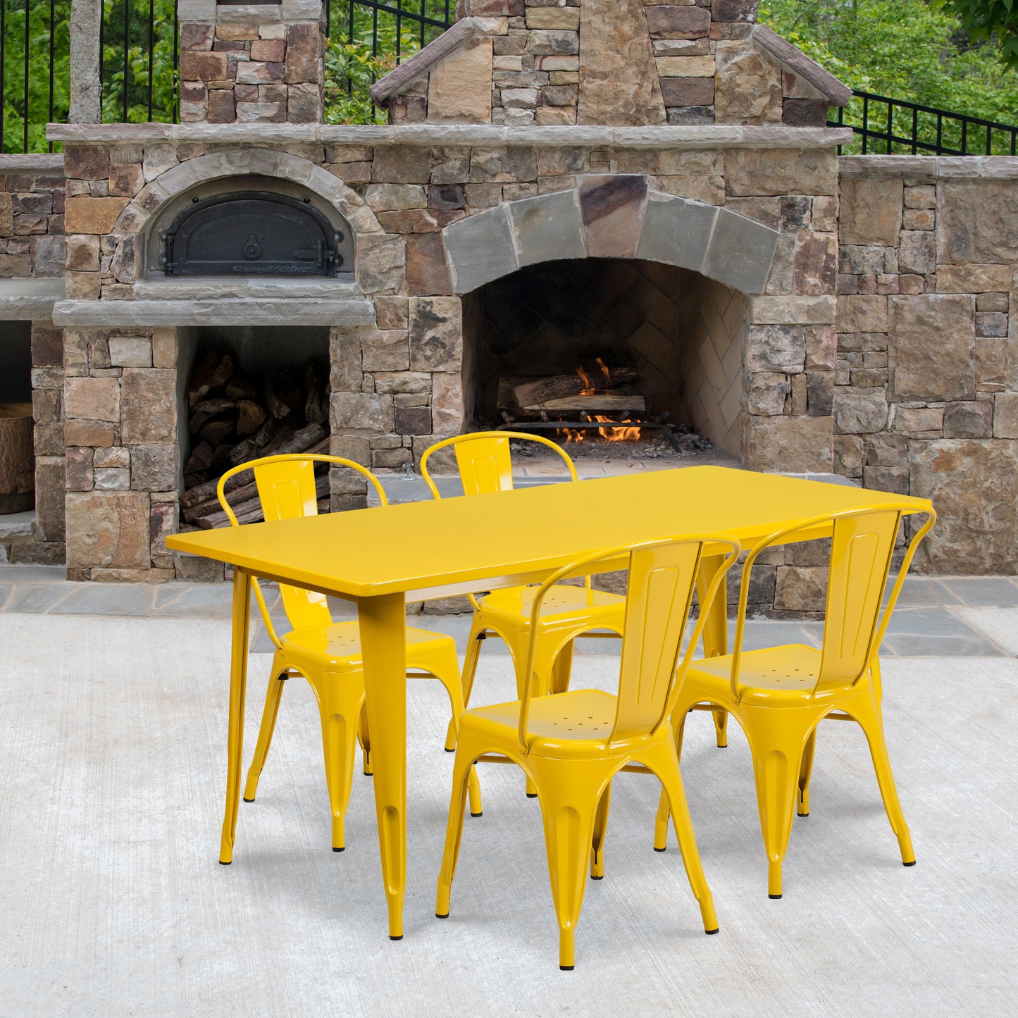 Darcy Commercial Grade 31.5" x 63" Rectangular Yellow Metal Indoor-Outdoor Table Set with 4 Stack Chairs Yellow
